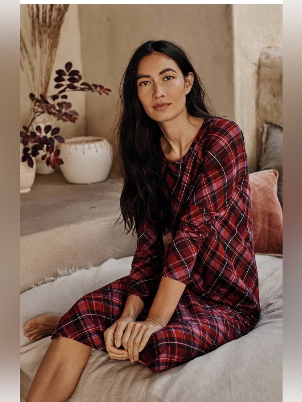 J. Jill Sleep ultrasoft cuffed sleeve plaid nightgown size medium red sleep